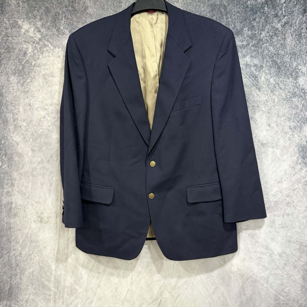 Vintage Bill Blass 42R Navy Blue Gold Button 100% Wool Blazer Jacket Sport Coat